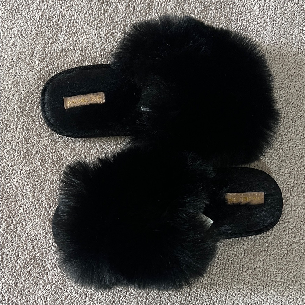 Rachel Zoe - Black Fluffy Quiet Luxury Peep Toe Slip On Slippers - Size 6.5/7.5